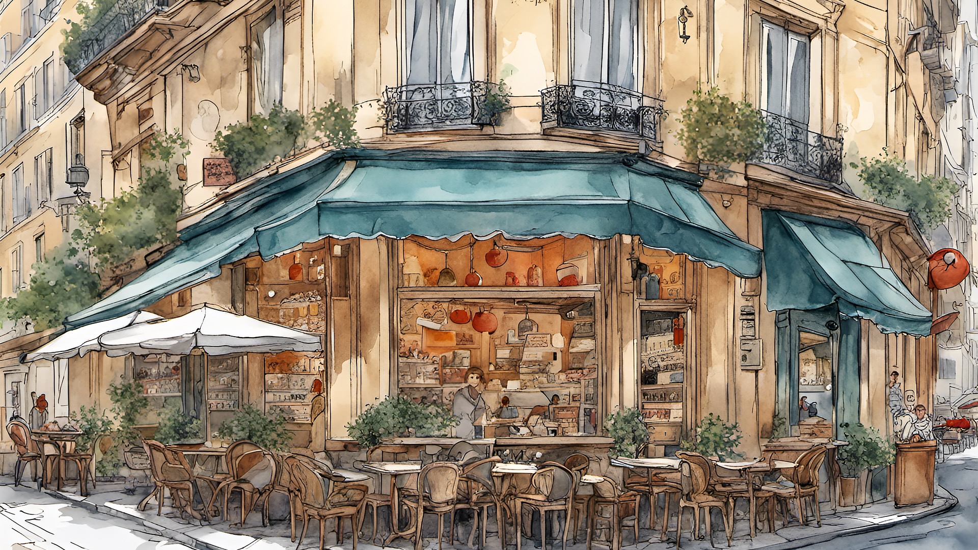 A drawing of a cafe in Paris