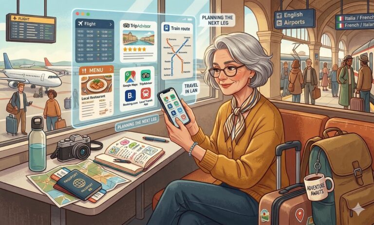 A woman using travel apps on her phone.