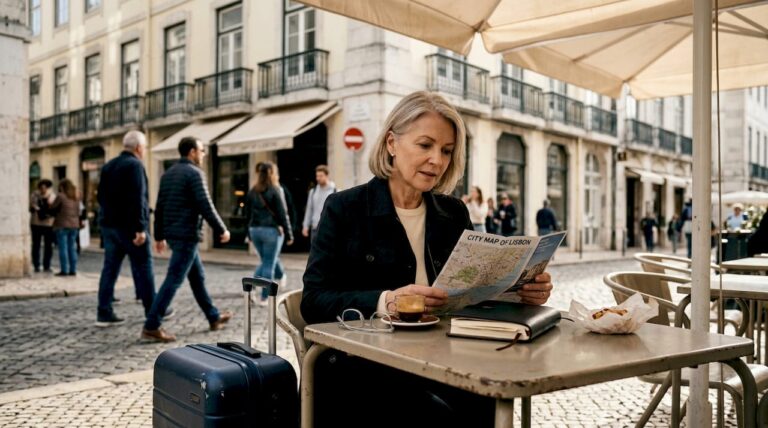 Solo mature traveler reading map at street café