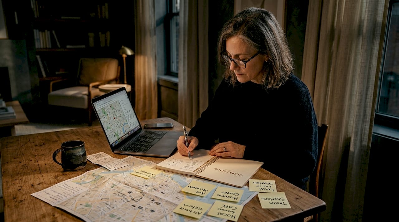 Woman creating custom solo travel plan at kitchen table