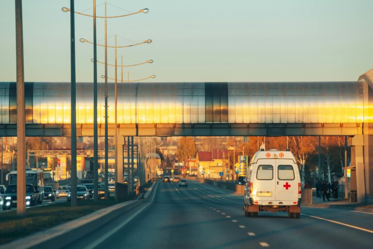 An emergency vehicle in a city.