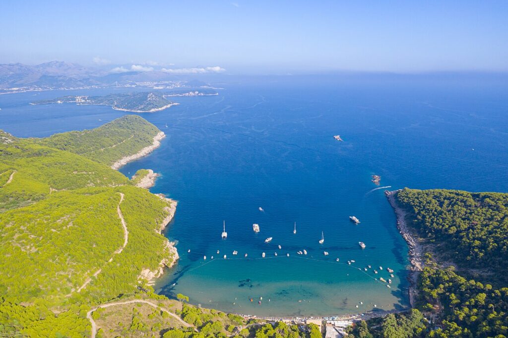Aerial view of the Adriatic Sea at Sunj Beach on Lopud island, Croatia