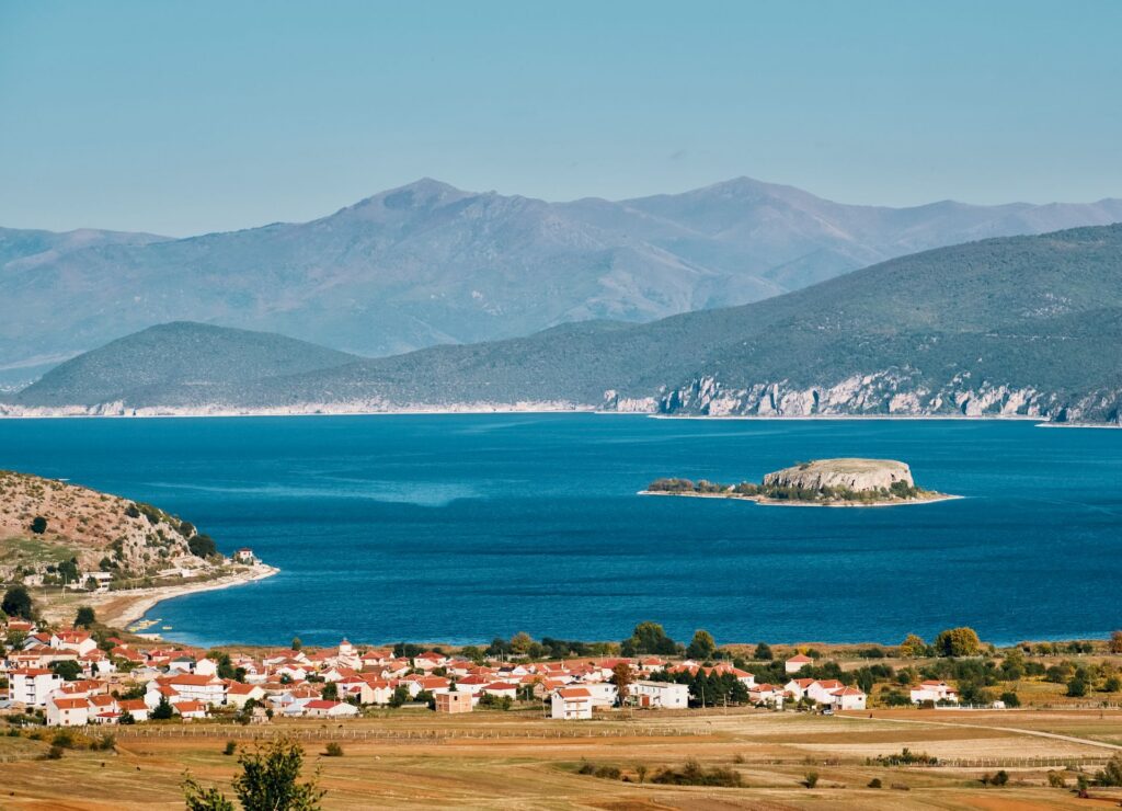 Beautiful panoramic view of Lin village, Albania, with Lake Prespa