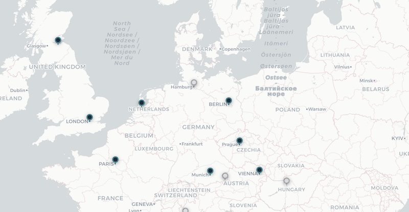 Interactive map of solo travel city guides across Europe and the U.S.